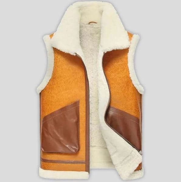 Pairo Men's Tan Shearling Leather Jacket B3 Bomber Vest thumbnail 1