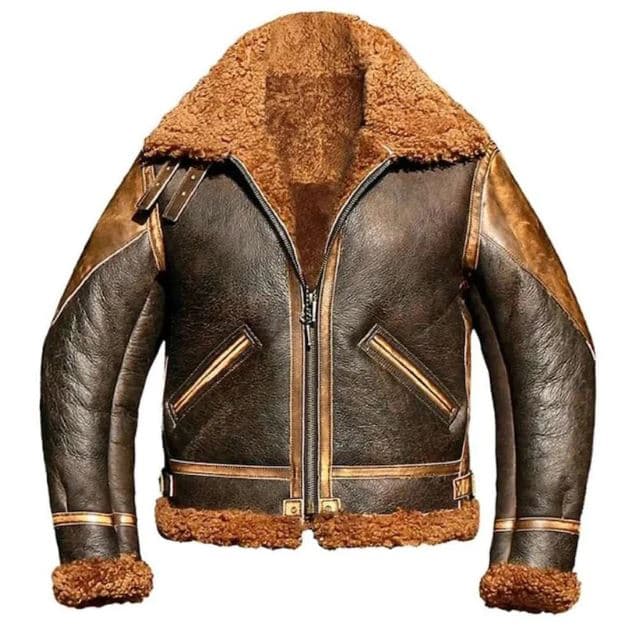 Pairo Men's Tan Brown Shearling Leather Jacket B3 Bomber thumbnail 1