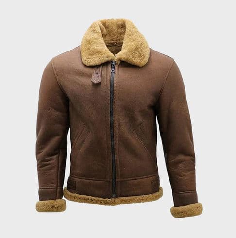 Pairo Men's Brown Leather Cream Fur Shearling Jacket B3 Bomber thumbnail 2