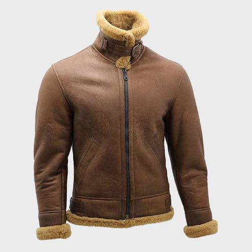 Pairo Men's Brown Leather Cream Fur Shearling Jacket B3 Bomber thumbnail 3