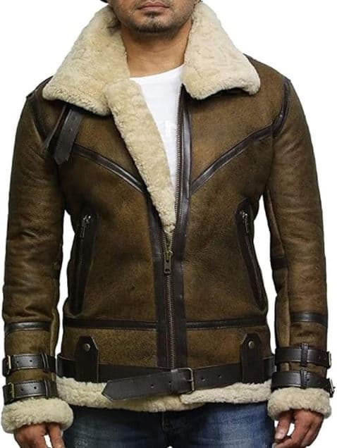 Pairo Men's Olive Green Shearling Leather Jacket B3 Bomber thumbnail 1