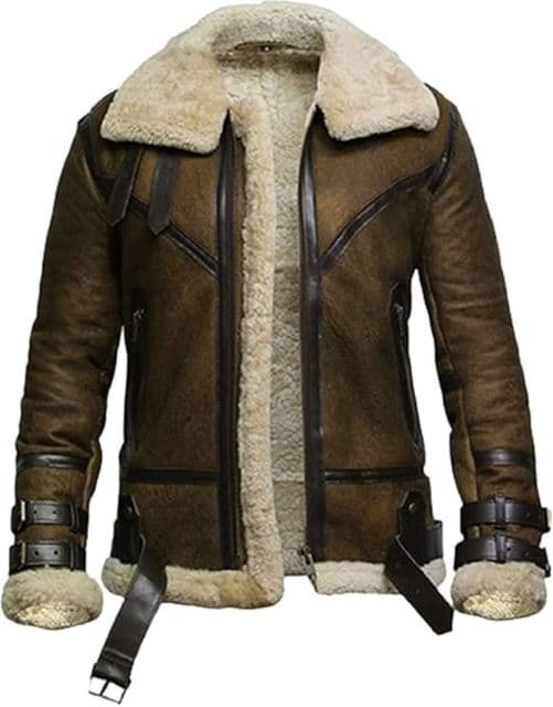 Pairo Men's Olive Green Shearling Leather Jacket B3 Bomber thumbnail 2