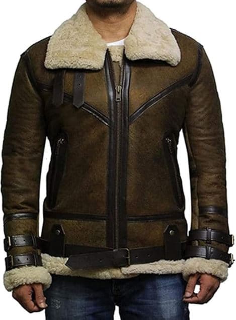 Pairo Men's Olive Green Shearling Leather Jacket B3 Bomber thumbnail 3