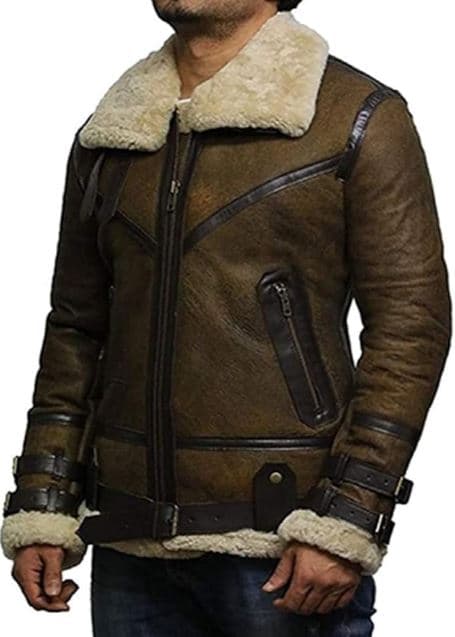 Pairo Men's Olive Green Shearling Leather Jacket B3 Bomber thumbnail 4