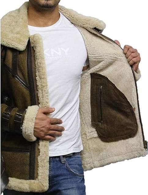 Pairo Men's Olive Green Shearling Leather Jacket B3 Bomber thumbnail 5