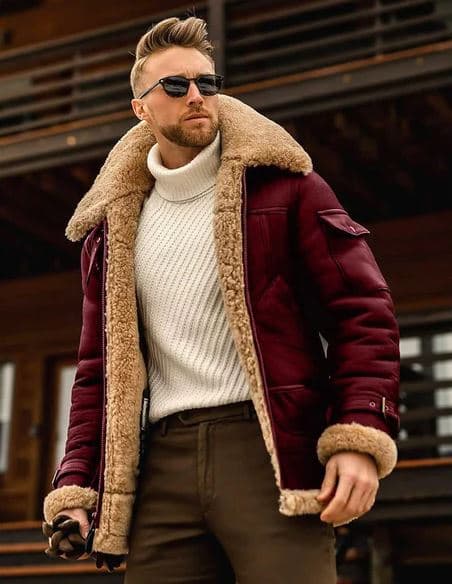 Pairo Men's Red Shearling Leather Coat B3 Style thumbnail 1
