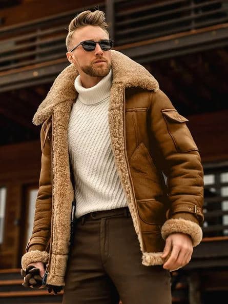 Pairo Men's Red Shearling Leather Coat B3 Style thumbnail 2