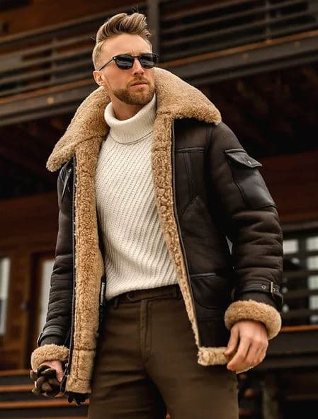 Pairo Men's Red Shearling Leather Coat B3 Style thumbnail 3