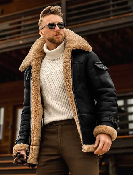 Pairo Men's Red Shearling Leather Coat B3 Style thumbnail 4