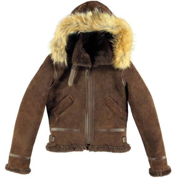 Pairo Women's Brown Hooded Shearling Leather Jacket B3 Bomber thumbnail 2