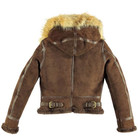 Pairo Women's Brown Hooded Shearling Leather Jacket B3 Bomber thumbnail 4