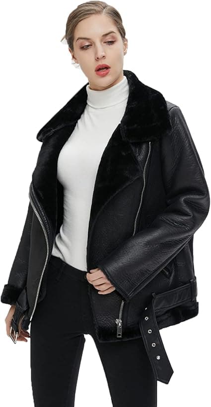Pairo Women's Black Shearling Leather Jacket B3 Biker Style thumbnail 1