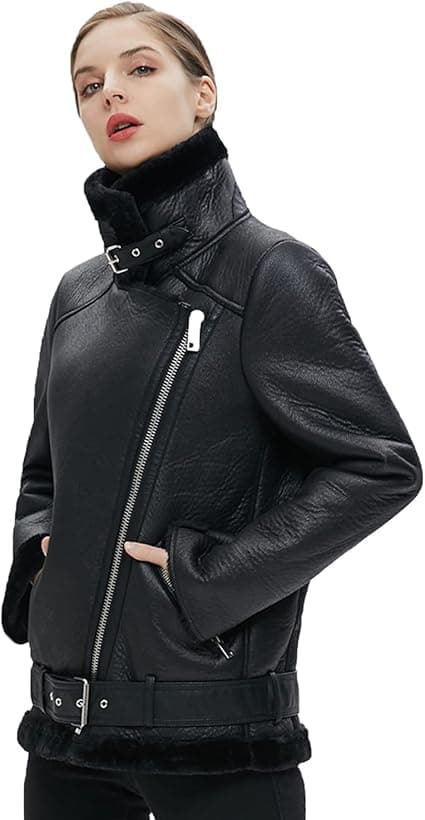 Pairo Women's Black Shearling Leather Jacket B3 Biker Style thumbnail 2