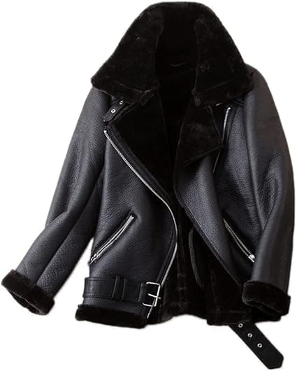 Pairo Women's Black Shearling Leather Jacket B3 Biker Style thumbnail 3