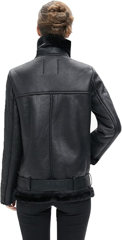 Pairo Women's Black Shearling Leather Jacket B3 Biker Style thumbnail 4