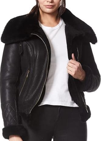 Pairo Women's Black Fur Black Leather Shearling Jacket B3 Bomber thumbnail 2