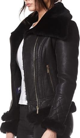 Pairo Women's Black Fur Black Leather Shearling Jacket B3 Bomber thumbnail 3