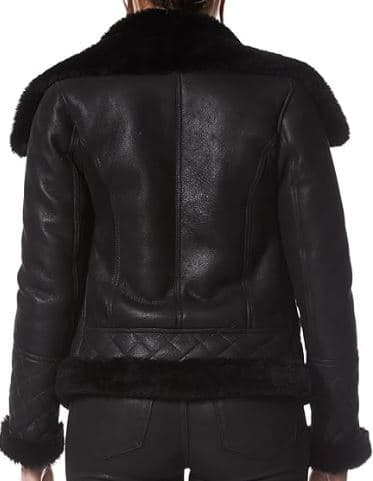 Pairo Women's Black Fur Black Leather Shearling Jacket B3 Bomber thumbnail 4