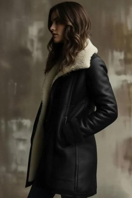 Pairo Women's Brown Belted Shearling Leather Long Coat B3 Style thumbnail 6