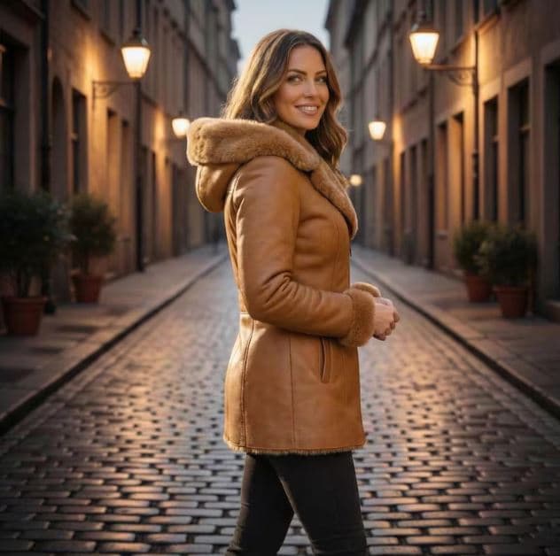 Pairo Women's Warm Brown Belted Shearling Leather Long Coat B3 Style thumbnail 3