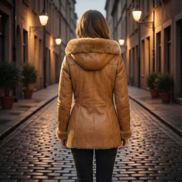 Pairo Women's Warm Brown Belted Shearling Leather Long Coat B3 Style thumbnail 4
