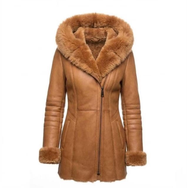 Pairo Women's Warm Brown Belted Shearling Leather Long Coat B3 Style thumbnail 5