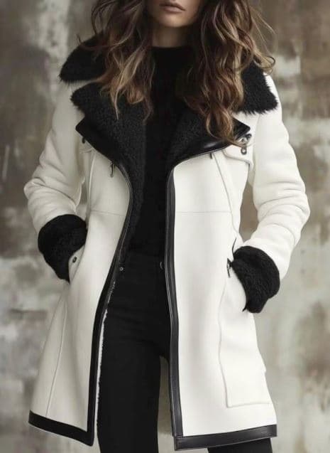 Pairo Women's Black White Shearling Leather Long Coat B3 Style thumbnail 1
