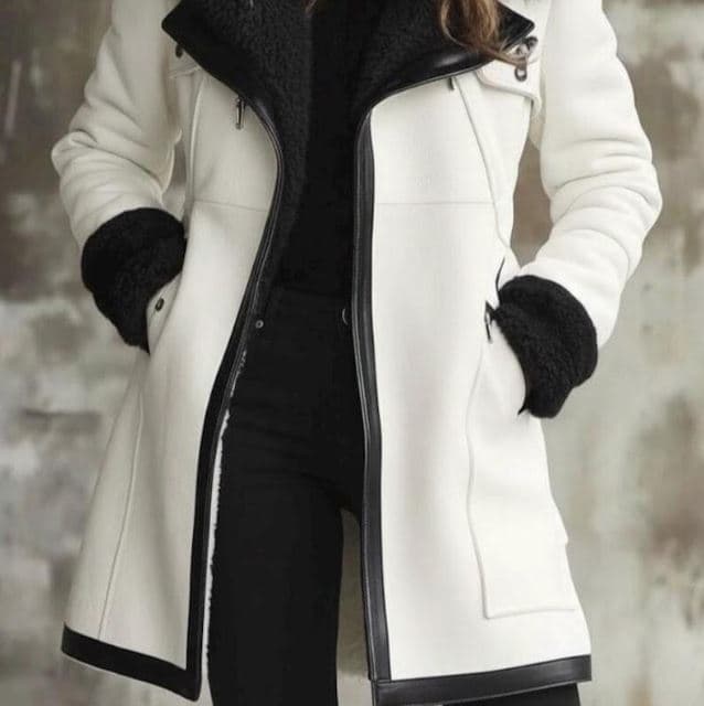 Pairo Women's Black White Shearling Leather Long Coat B3 Style thumbnail 2