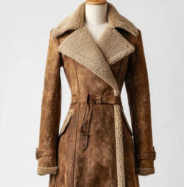 Pairo Women's Long Brown Shearling Leather Long Coat B3 Style thumbnail 3