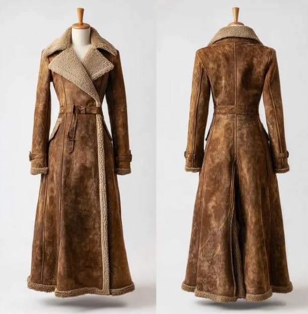 Pairo Women's Long Brown Shearling Leather Long Coat B3 Style thumbnail 4