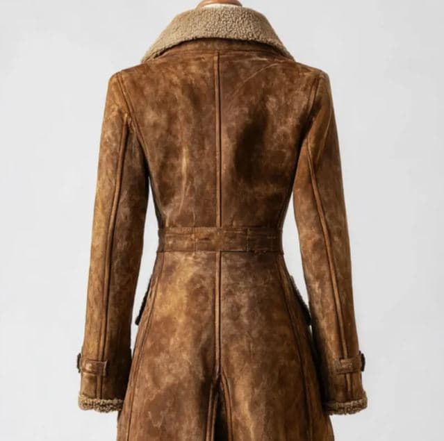 Pairo Women's Long Brown Shearling Leather Long Coat B3 Style thumbnail 5