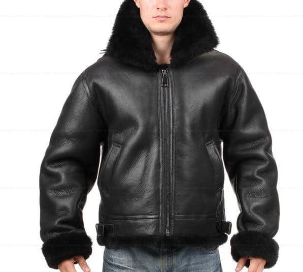 Pairo Men's Black Shearling Leather Jacket B3 Bomber