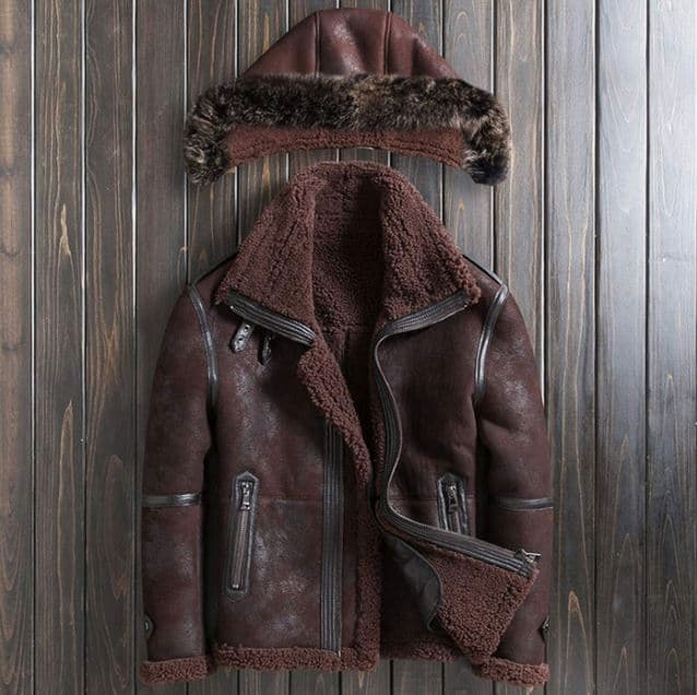 Pairo Men's Brown Hooded Shearling Leather Jacket B3 Bomber