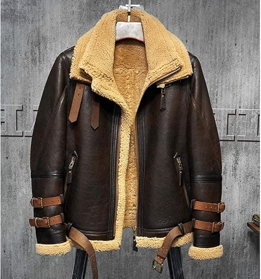 Pairo Men's Dark Brown Shearling Double Collar Leather Jacket B3 Bomber