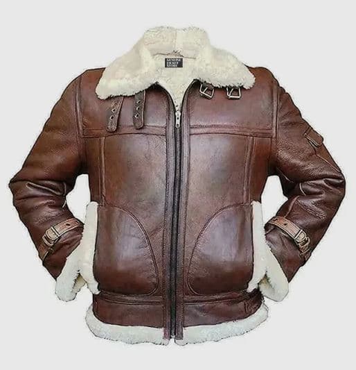 Pairo Men's Brown Fur Collar Shearling Leather Jacket B3 Bomber