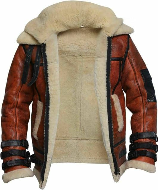 Pairo Men's Brown Double Collar Shearling Leather Jacket B3 Bomber Red Lining