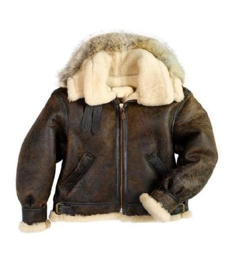 Pairo Men's Brown Leather White Fur Hooded Shearling Jacket B3 Bomber