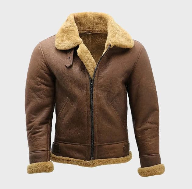 Pairo Men's Brown Leather Cream Fur Shearling Jacket B3 Bomber