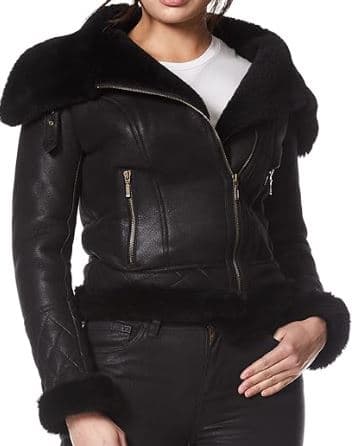Pairo Women's Black Fur Black Leather Shearling Jacket B3 Bomber