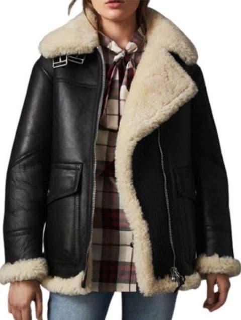 Pairo Women's Black Leather White Fur Collar Shearling Jacket B3 Bomber