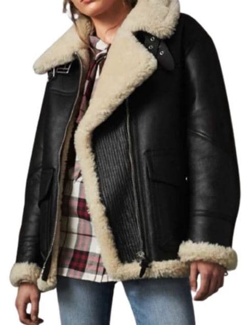 Pairo Women's Black Leather White Fur Collar Shearling Jacket B3 Bomber