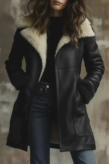 Pairo Women's Brown Belted Shearling Leather Long Coat B3 Style