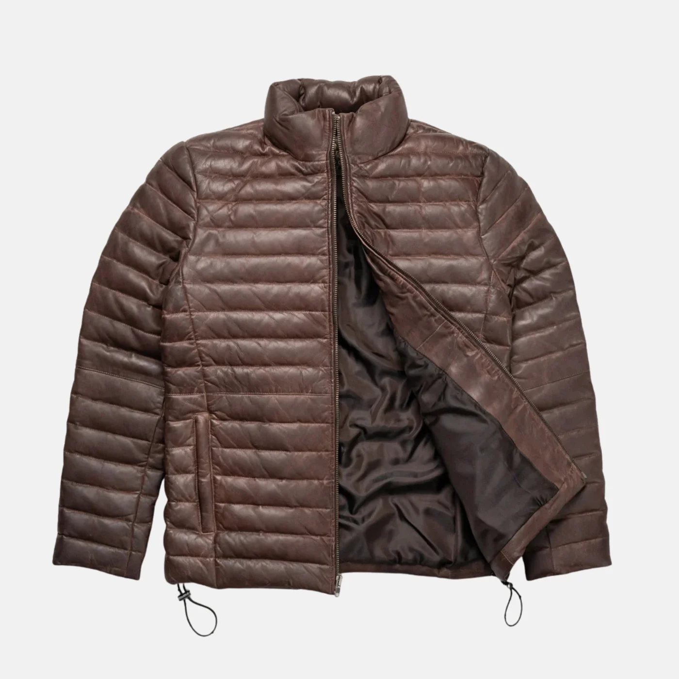 dark brown leather down jacket