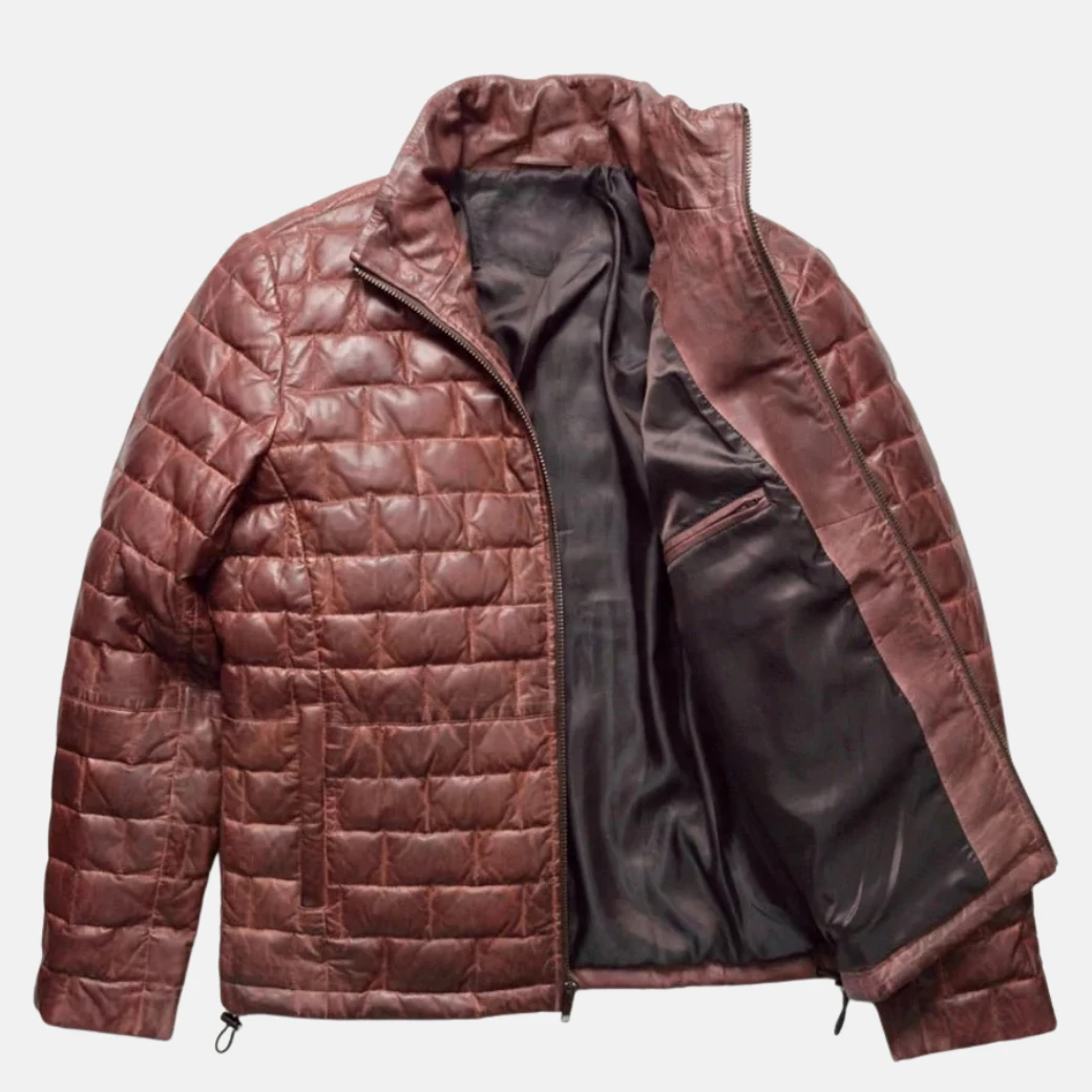 mens brown leather down jacket