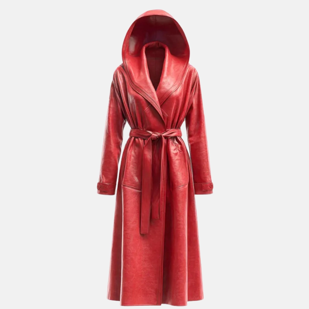 Red Hooded Leather Coat
