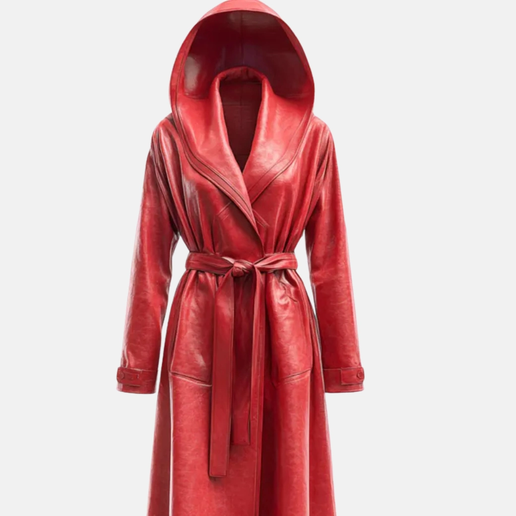 Women's Red Leather Trench Coat
